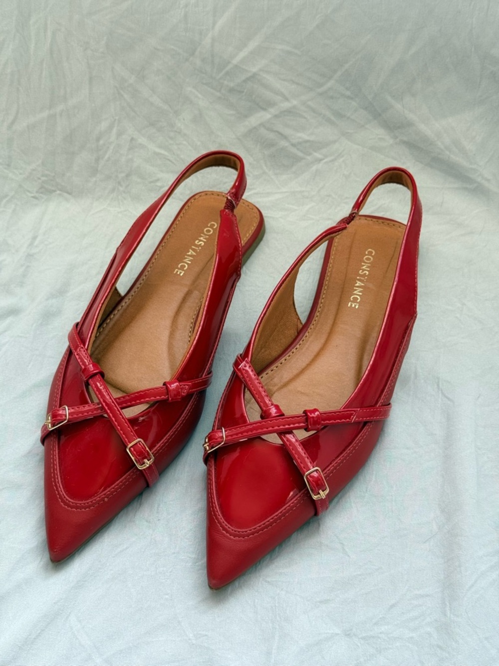 Constance Red Pointed Slingback Flats with Crisscross Buckle Straps